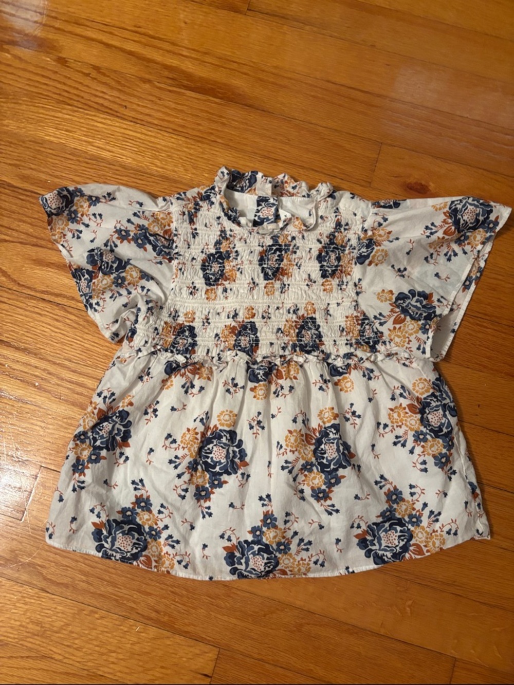 Janie and Jack Floral Smocked Flutter Sleeve Top - Cream with Navy & Mustard